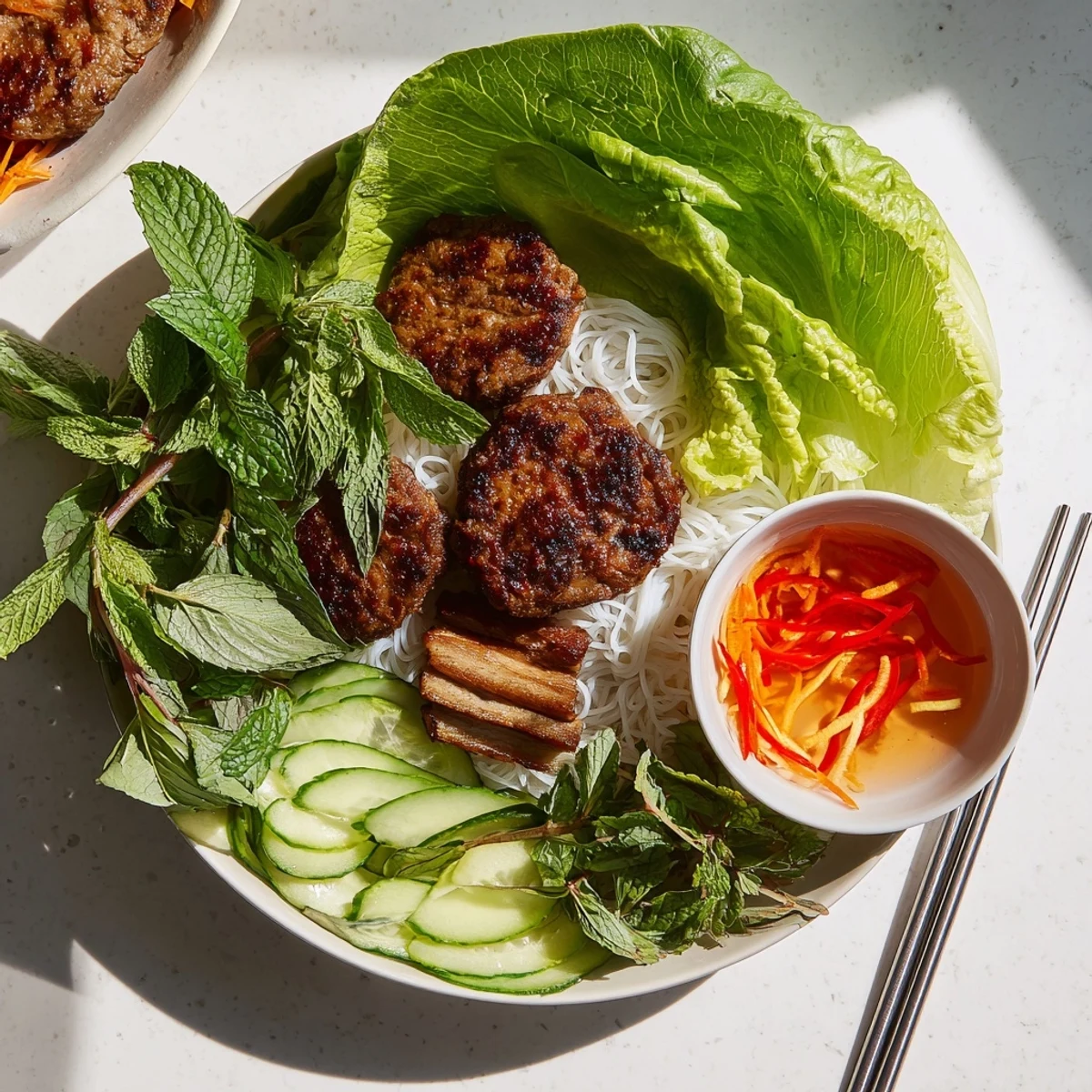 A vibrant serving of Bun Cha Hanoi with pork slices, herbs, and a tangy nuoc cham dipping sauce.
