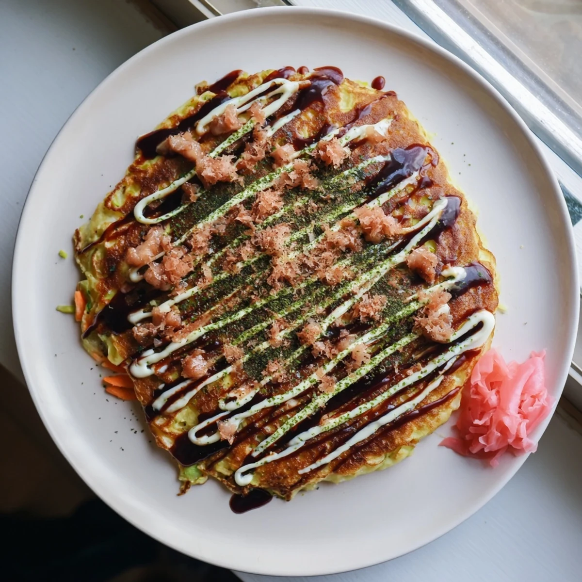 A close-up of Chicken Okonomiyaki with savory chicken pieces peeking through shredded cabbage and a golden-brown pancake base.