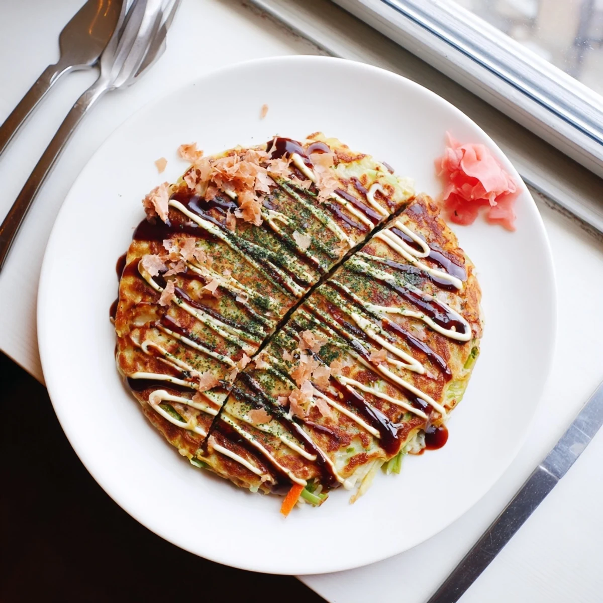 Sizzling Chicken Okonomiyaki fresh off the griddle, topped with drizzled tangy sauce and bonito flakes dancing in the steam.