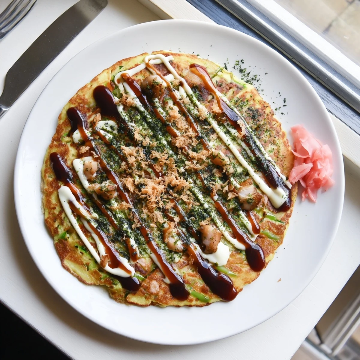 Slice of Japanese Chicken Okonomiyaki served on a plate, garnished with Japanese mayo and a sprinkle of green onions.