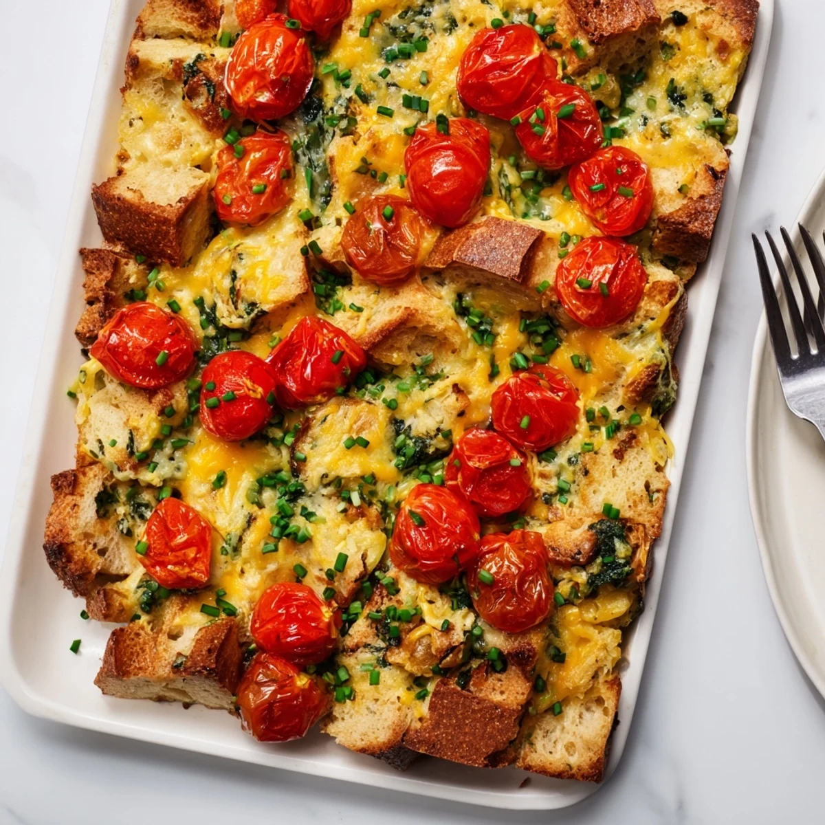 A hearty slice of Cheesy Breakfast Strata With Roast Cherry Tomatoes shows melted cheese and golden bread topped with juicy, caramelized tomatoes.