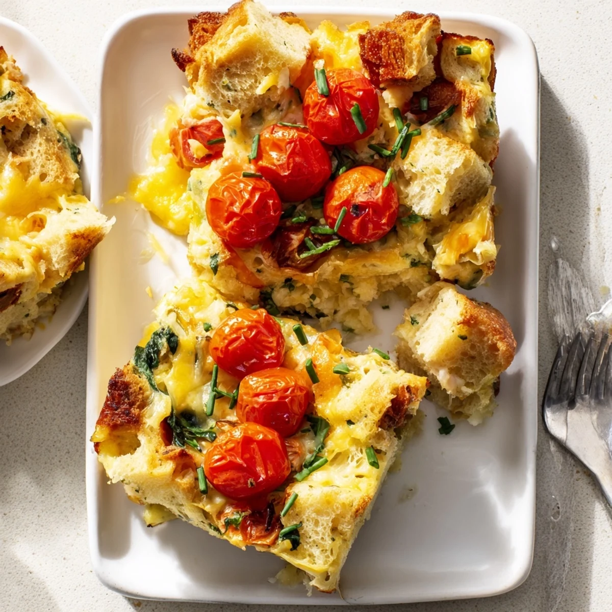 A close-up view of Cheesy Breakfast Strata With Roast Cherry Tomatoes reveals creamy egg custard, crusty bread cubes, and vibrant roasted tomato halves.