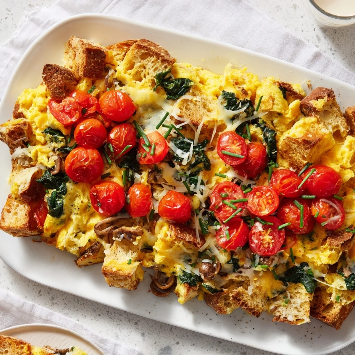 Serve a warm pan of Cheesy Breakfast Strata With Roast Cherry Tomatoes garnished with fresh chives for a comforting vegetarian breakfast casserole.