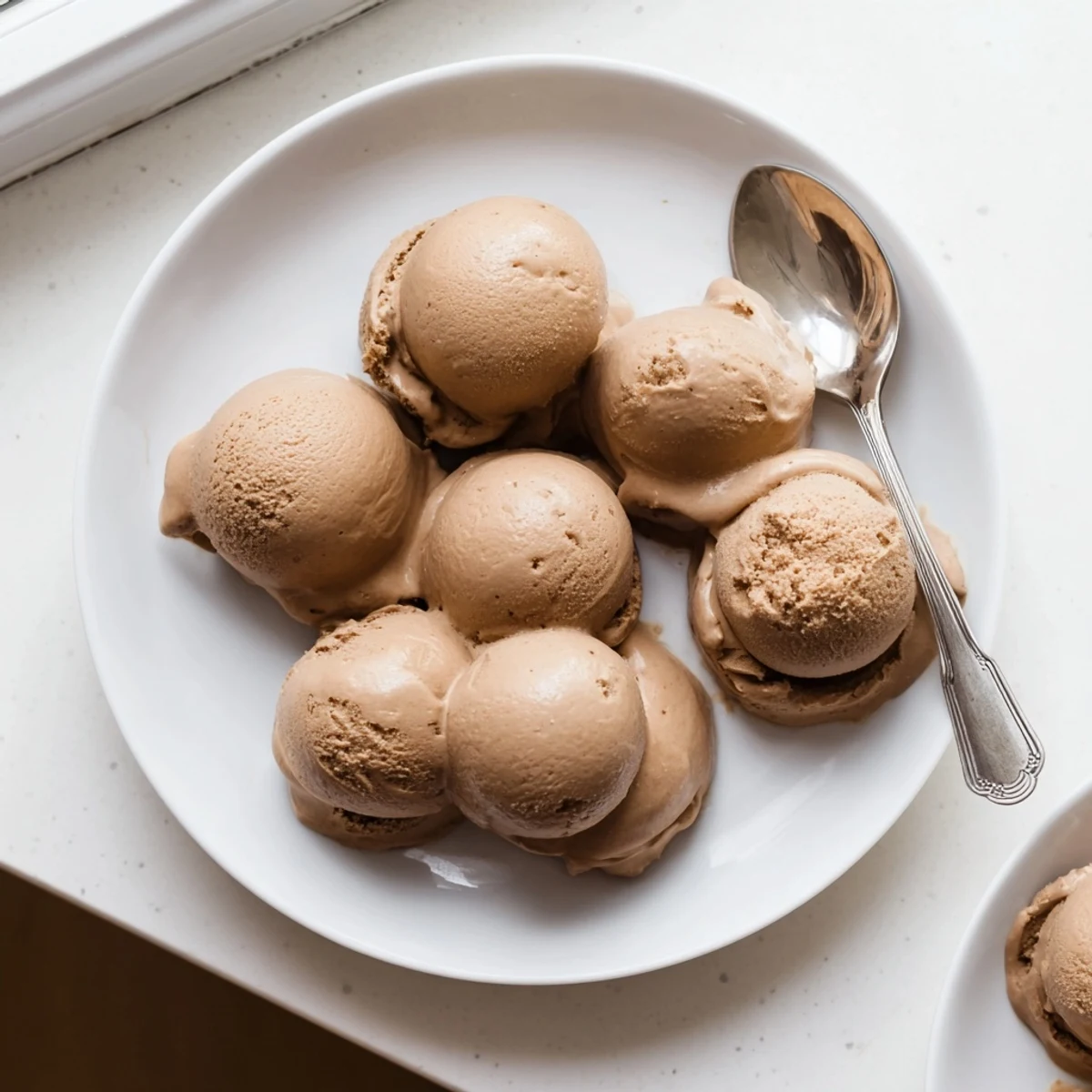 A scoop of creamy Vietnamese Coffee Ice Cream in a chilled glass bowl, topped with a drizzle of sweetened condensed milk and coffee beans.  