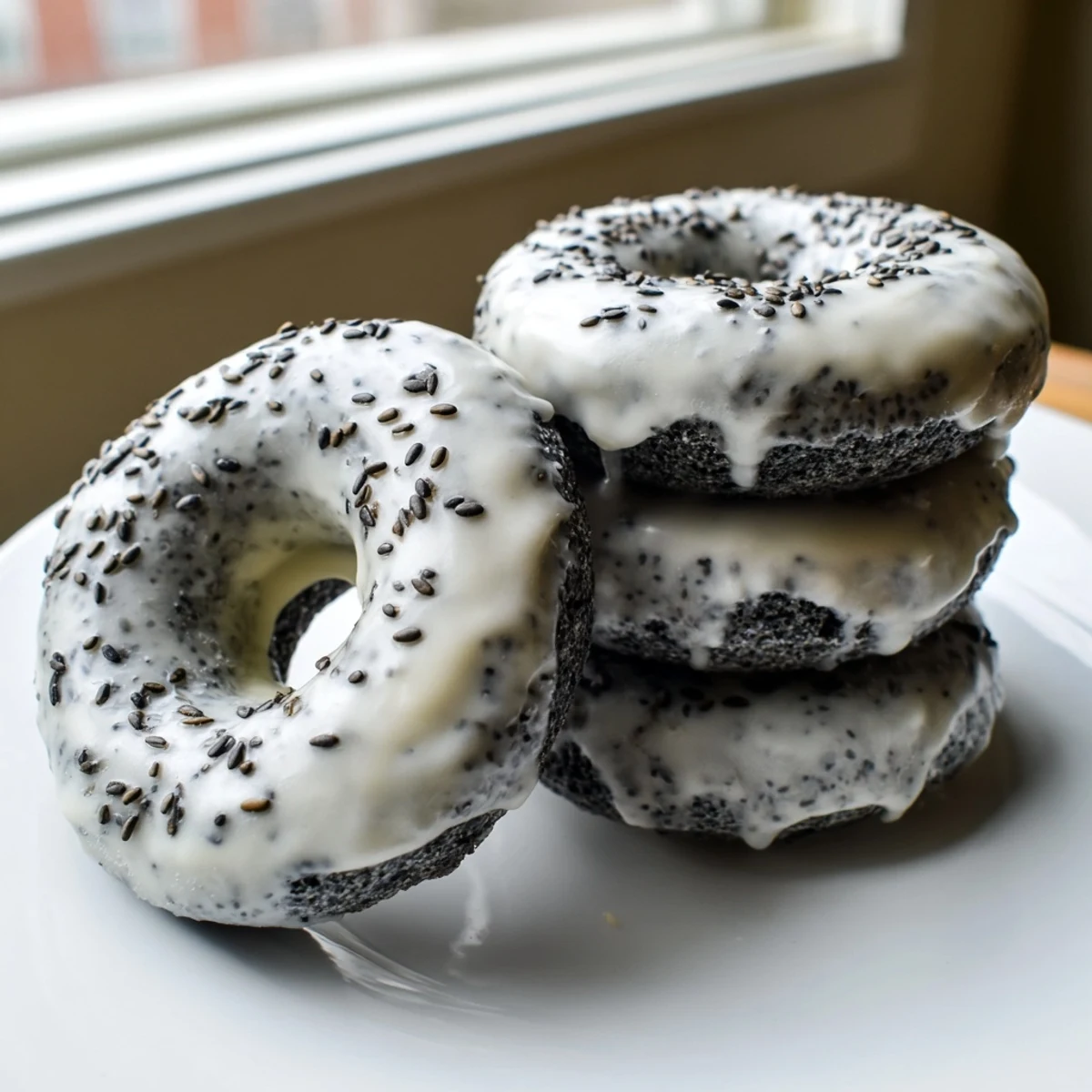 Freshly baked Black Sesame Mochi Donuts with a chewy interior and sweet glaze are arranged on a cooling rack.