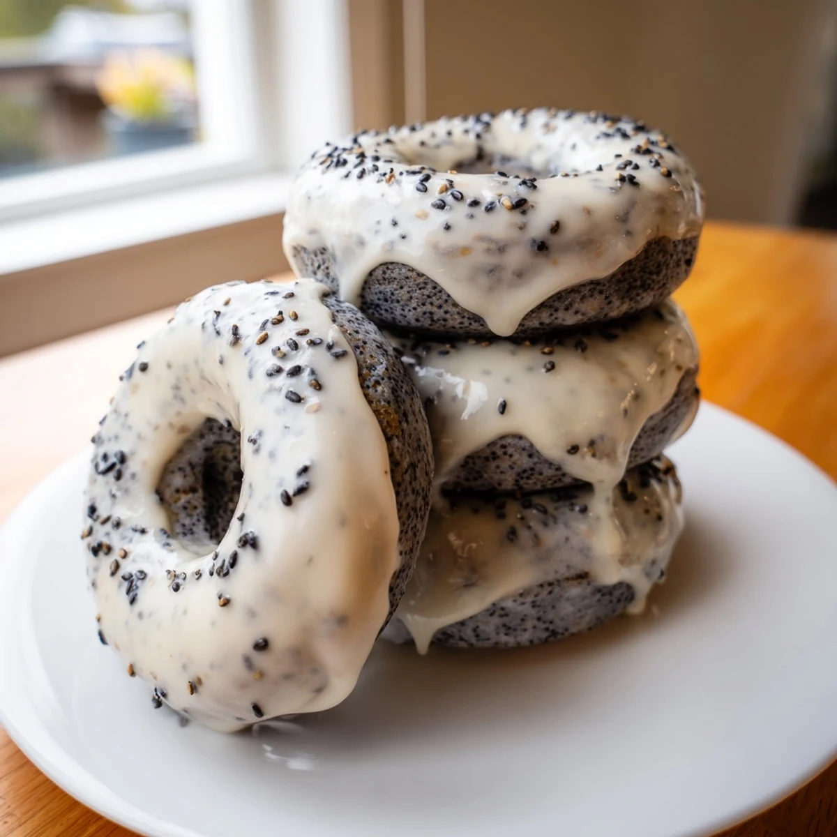 A close-up of Black Sesame Mochi Donuts reveals the nutty, gluten-free texture and glossy black sesame glaze.
