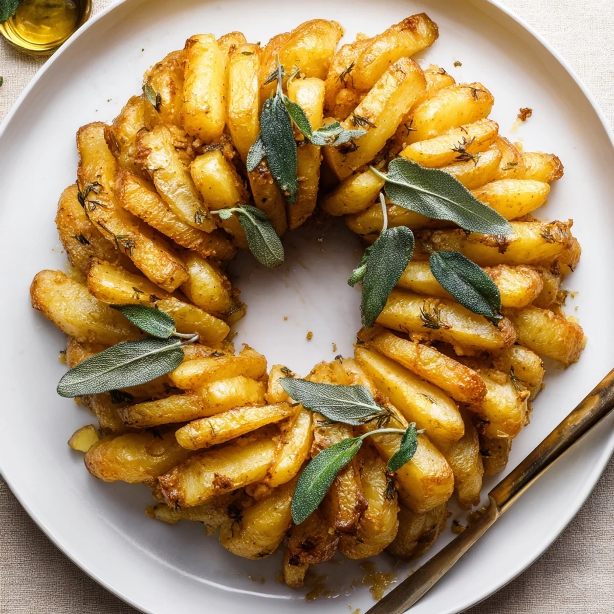 A golden Garlic Roast Potato and Sage Wreath, crispy on the edges, arranged beautifully on a festive table for a family dinner.