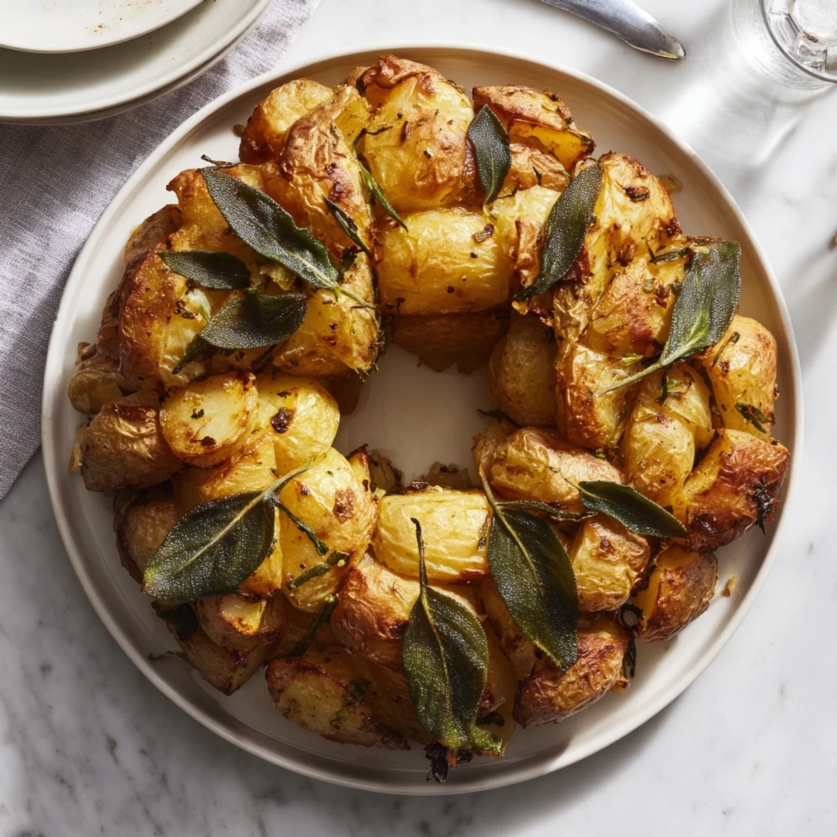 Crispy Yukon Gold potatoes form a rustic Garlic Roast Potato and Sage Wreath, a savory vegetarian side dish ready to serve hot.