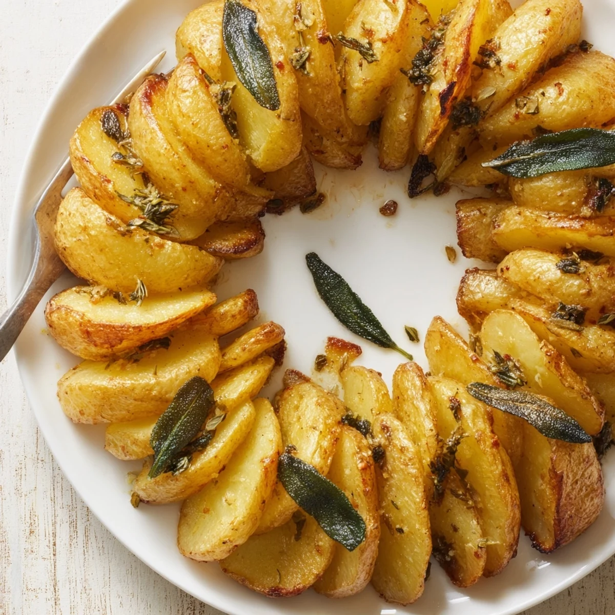 Fresh sage leaves garnish the savory Garlic Roast Potato and Sage Wreath, served warm alongside a creamy dipping sauce for six guests.