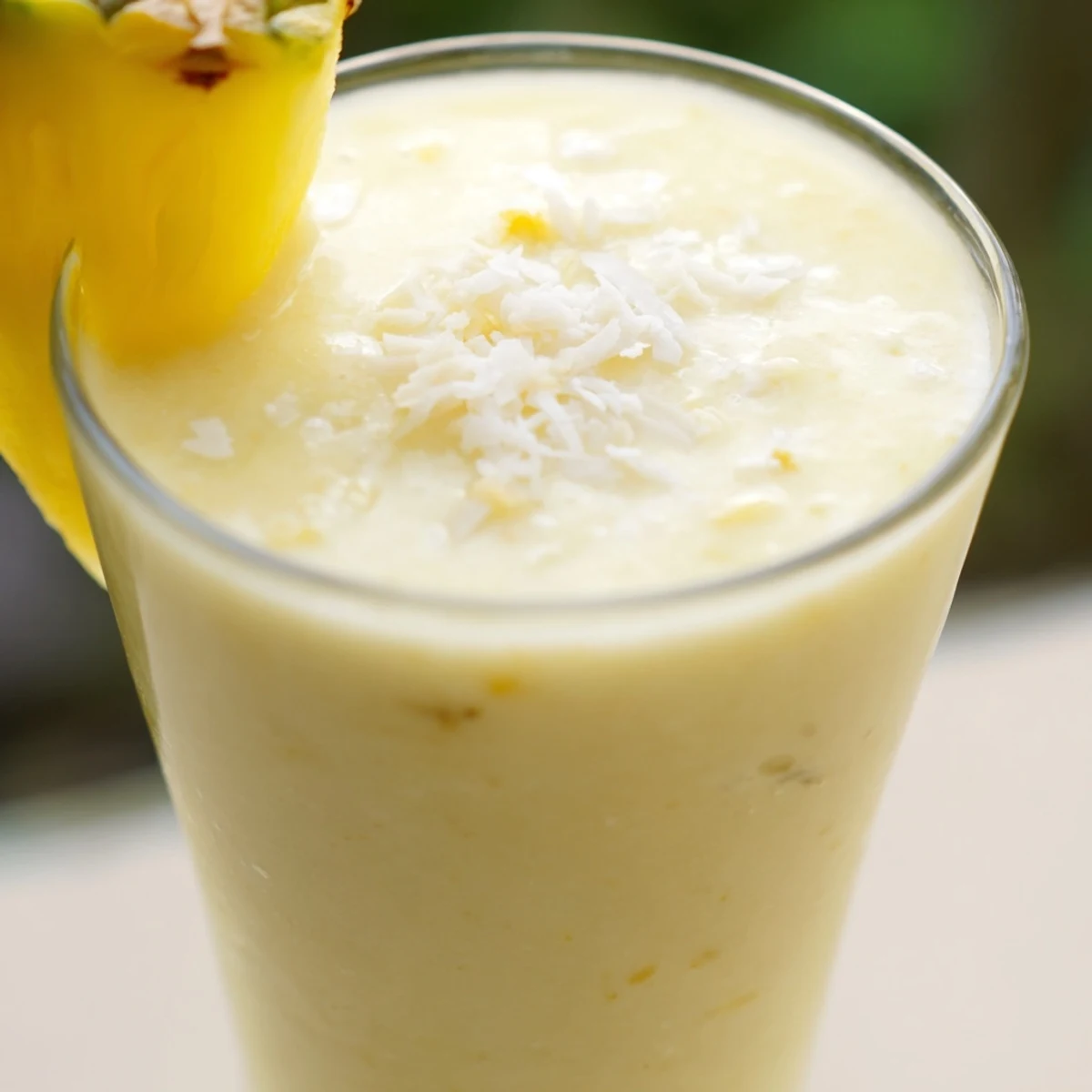 Enjoy a refreshing Pineapple Coconut Smoothie served with a straw and pineapple wedge, perfect for a healthy breakfast or snack.