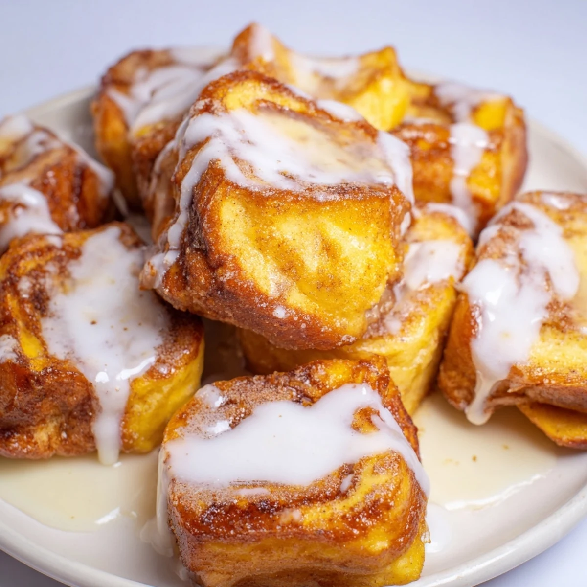 A close-up view of golden Cinnamon Roll French Toast Bites dusted with powdered sugar on a cozy brunch table.