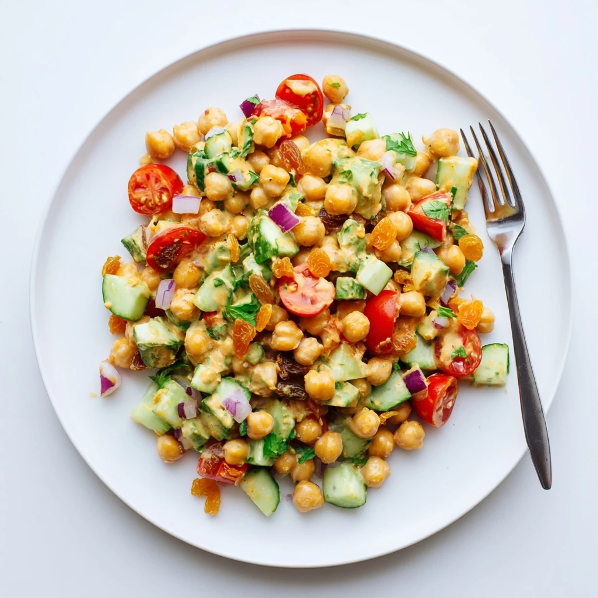 A close-up of Curried Chickpea Salad with creamy dressing, diced veggies, and golden raisins in a white bowl.