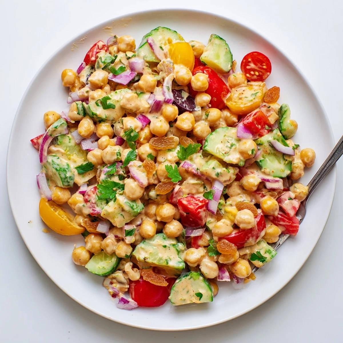 A vibrant bowl of Curried Chickpea Salad featuring chickpeas, cucumber, and cherry tomatoes, perfect for a healthy meal prep.