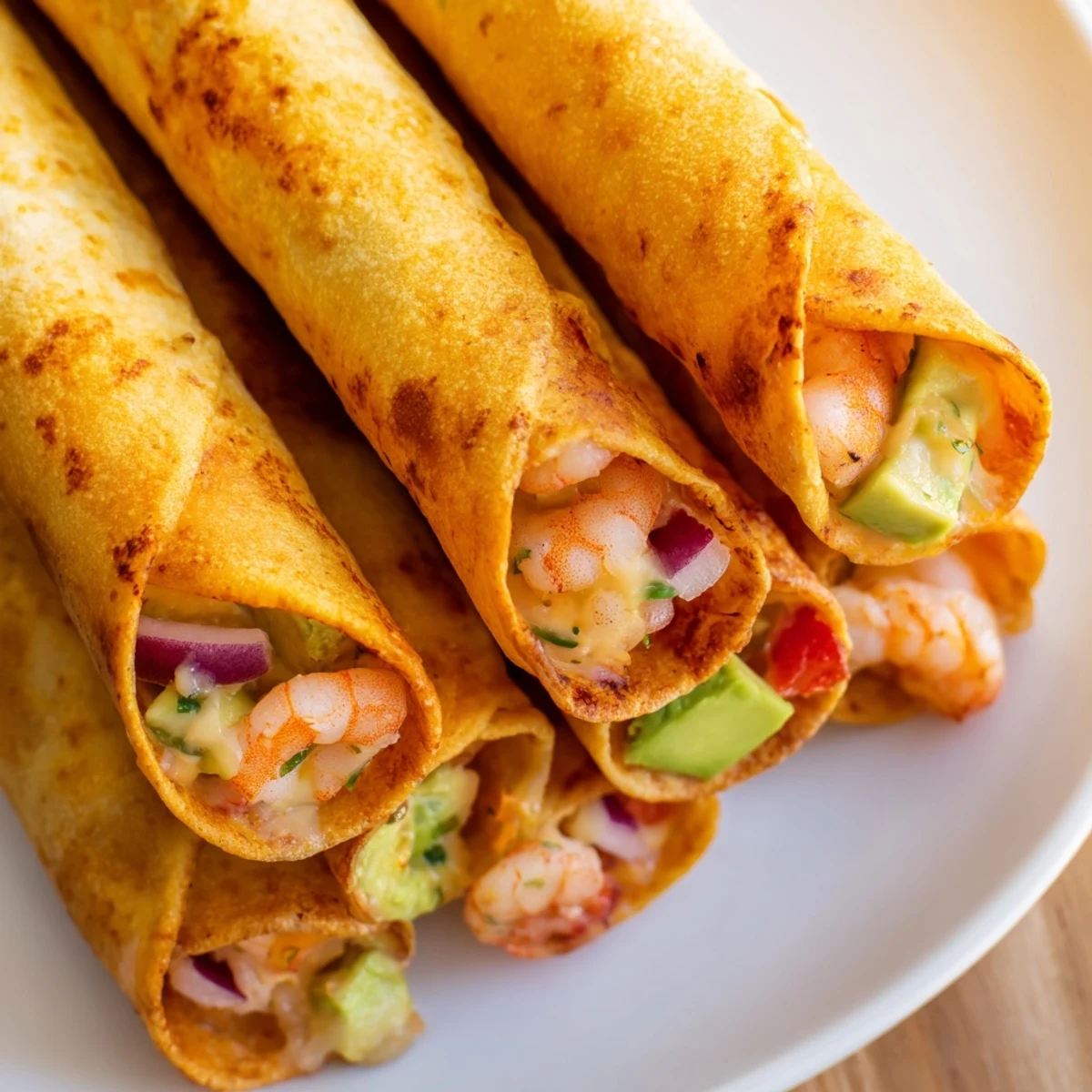 Crispy Shrimp Avocado Taquitos filled with seasoned shrimp and creamy avocado on a white plate.  