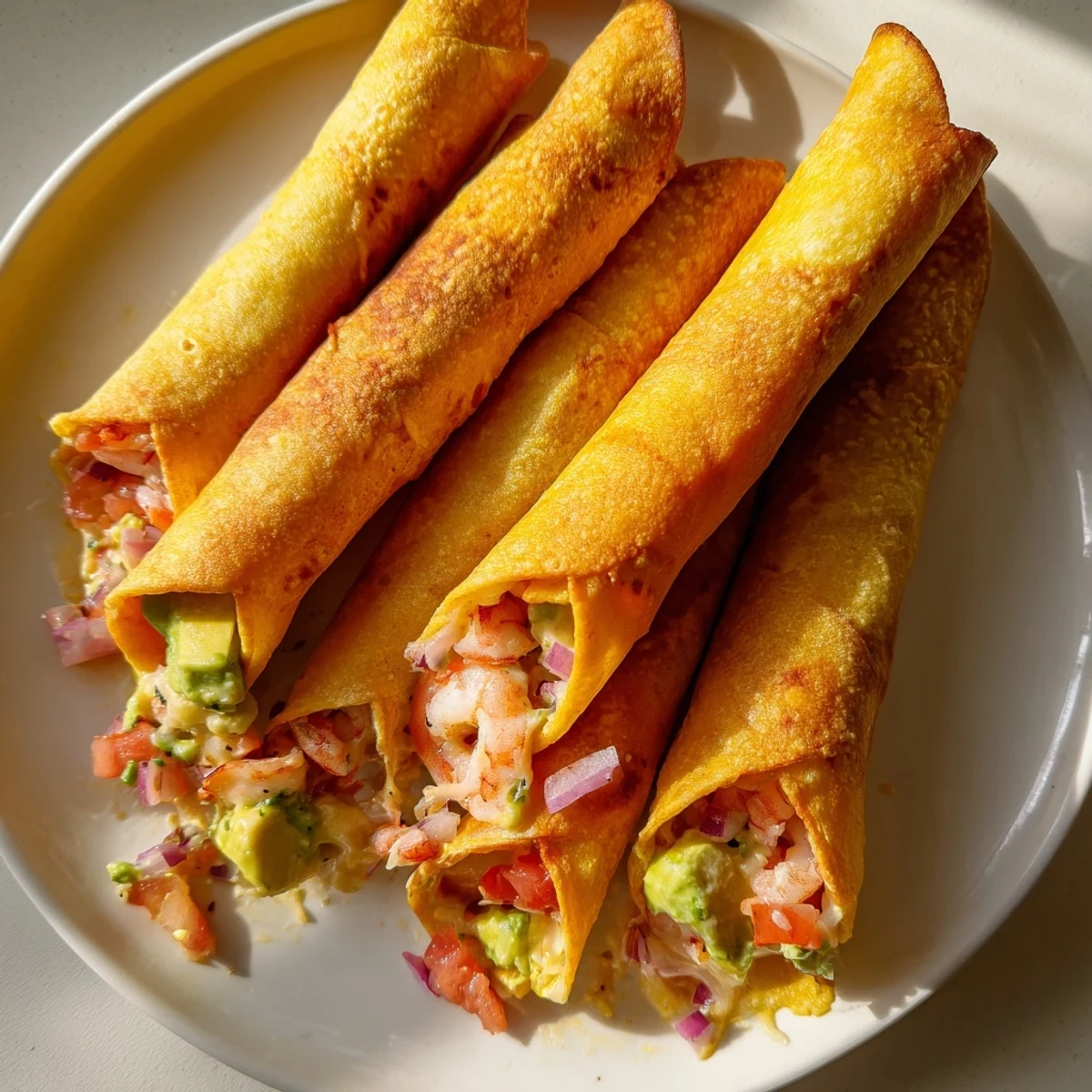 Golden fried Crispy Shrimp Avocado Taquitos served with salsa and sour cream for dipping.