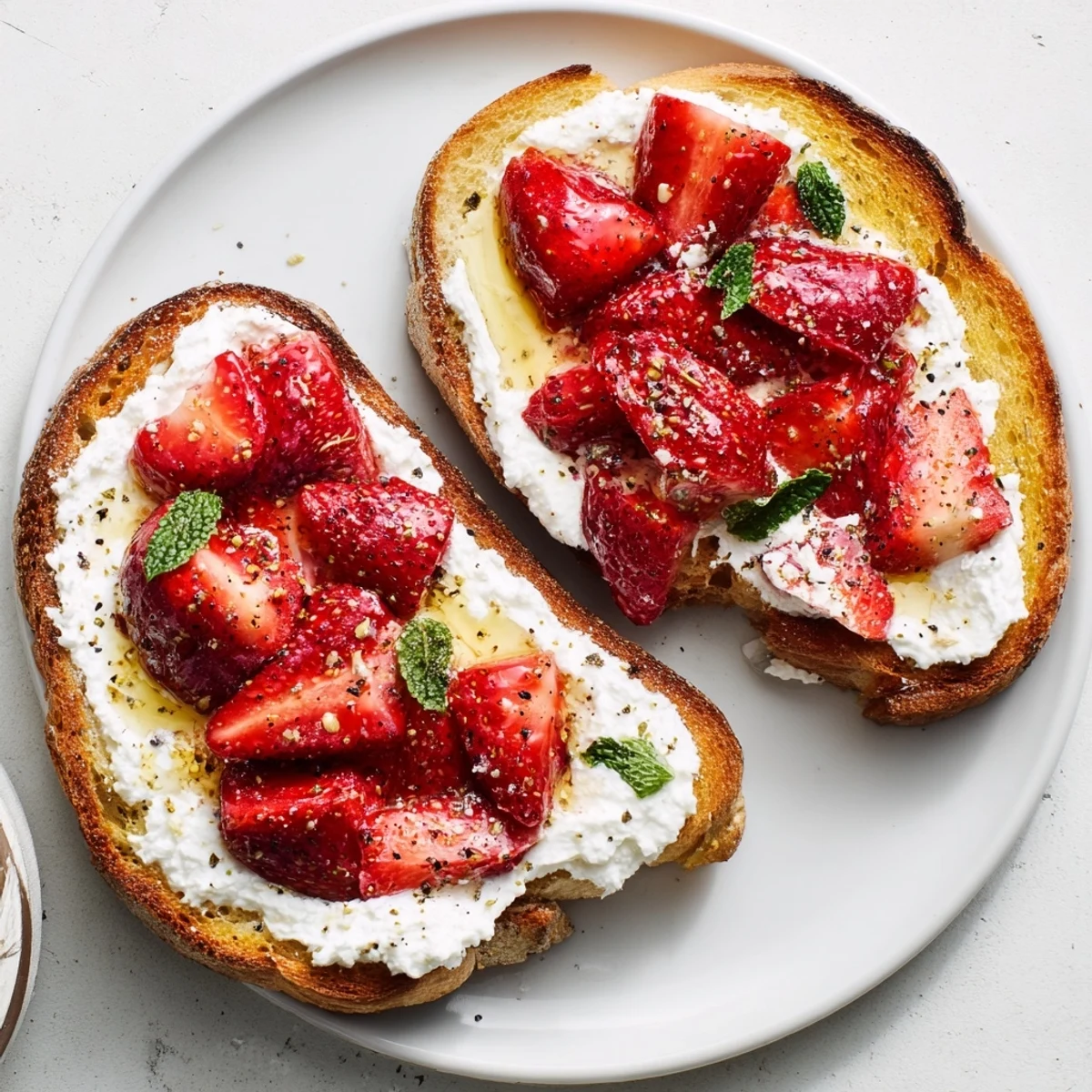 Crisp sourdough toast spread with whipped ricotta and topped with glossy roasted strawberry slices.