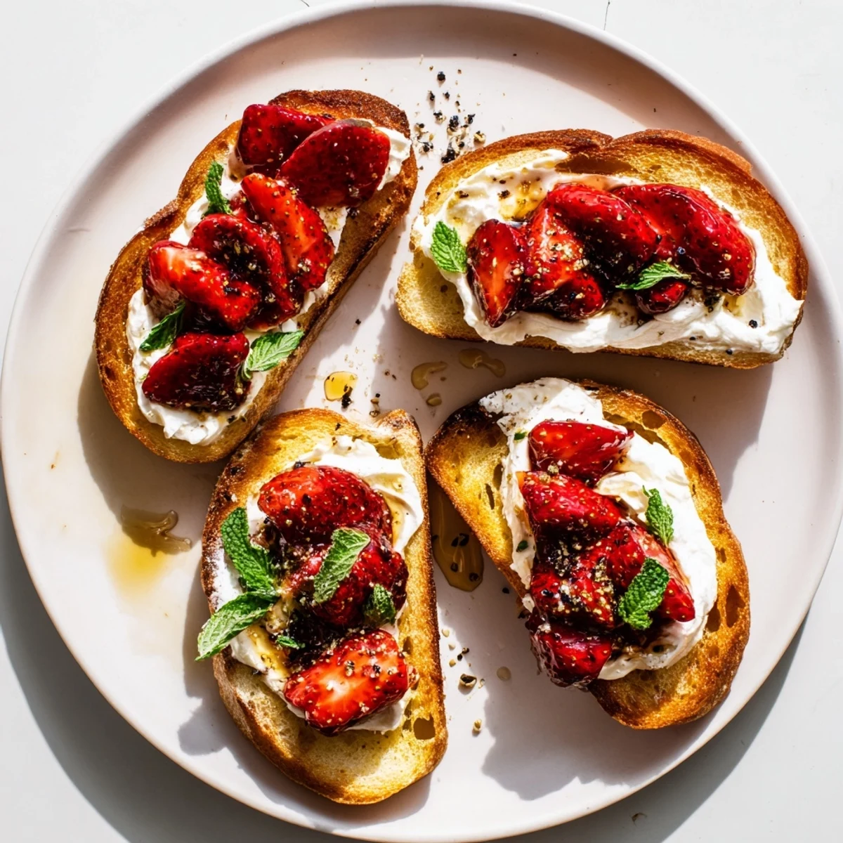 Savory whipped ricotta on grilled sourdough with warm roasted strawberries and a honey drizzle.