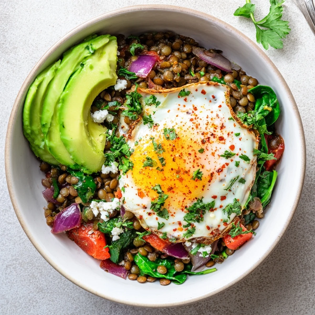 Warm Savory Lentil Breakfast Bowl topped with fresh herbs, avocado slices, and crumbled feta.