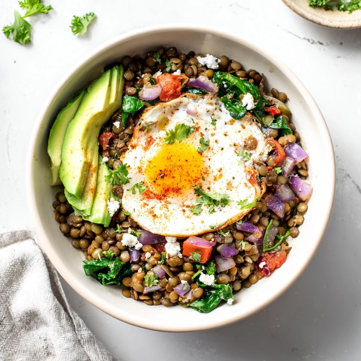 Hearty Savory Lentil Breakfast Bowl featuring a soft egg and smoky cumin-spiced lentils.