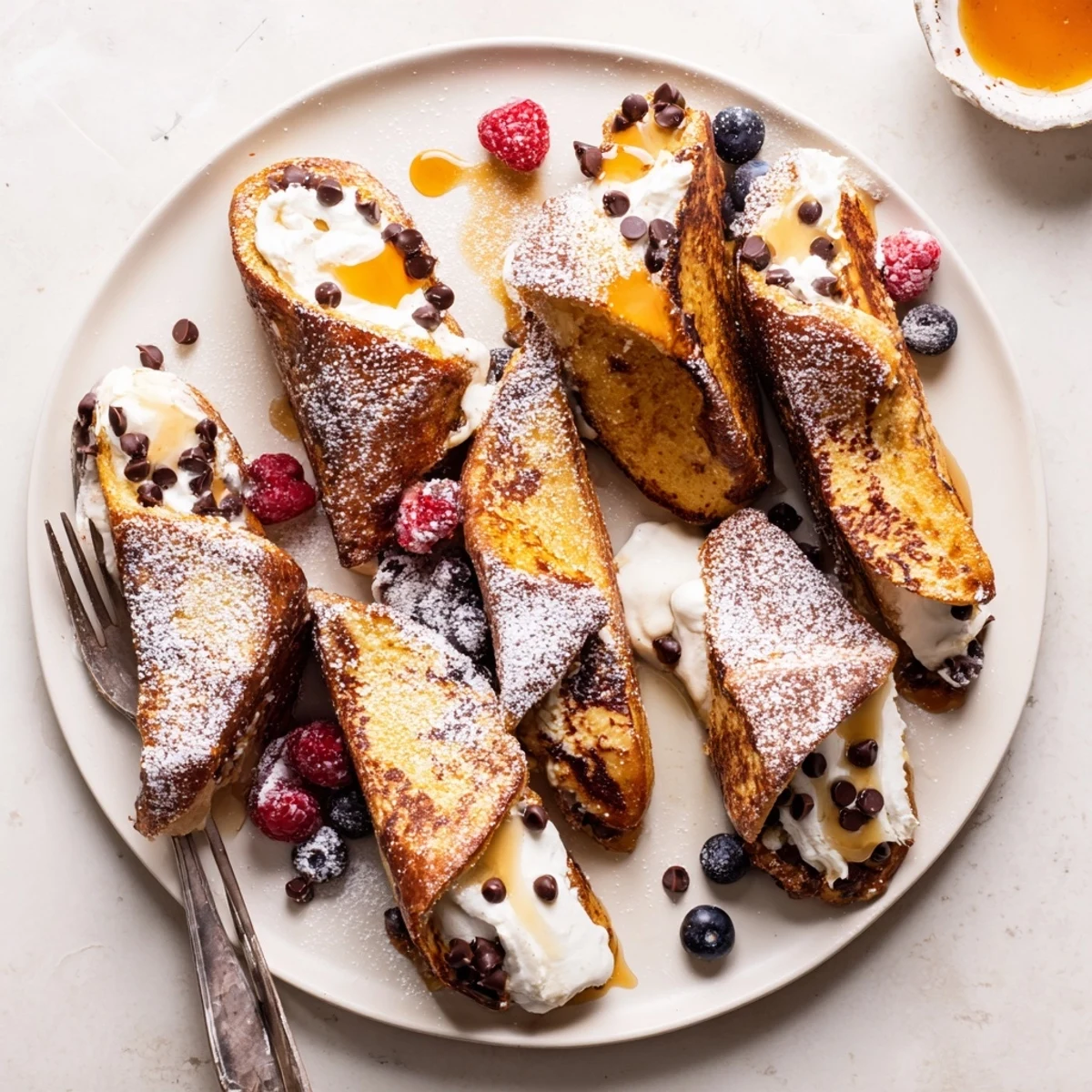 Golden-brown Decadent Cannoli Stuffed French Toast is served warm, dusted with powdered sugar and fresh berries.