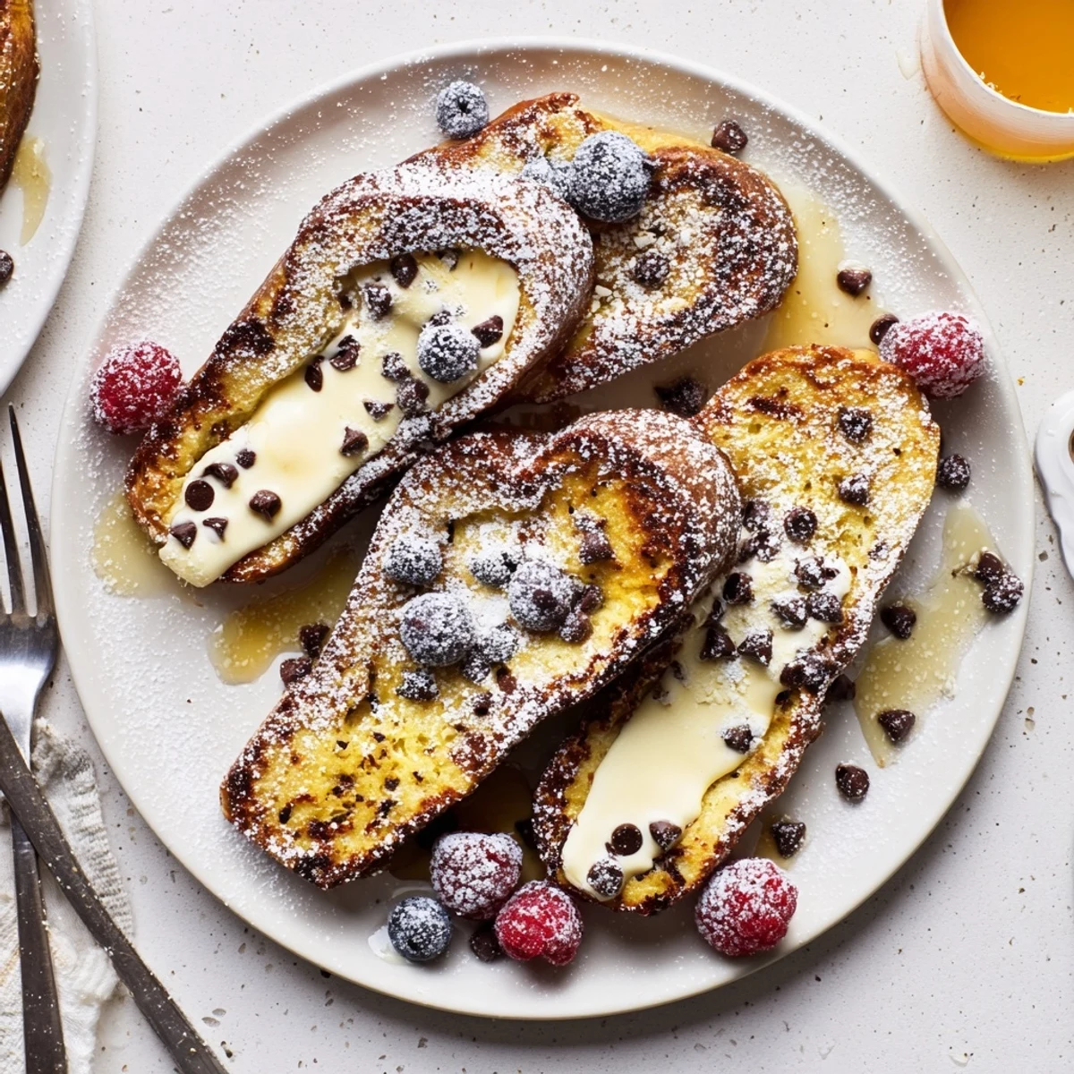 Decadent Cannoli Stuffed French Toast on a plate, with syrup drizzle and rich creamy filling peeking out.