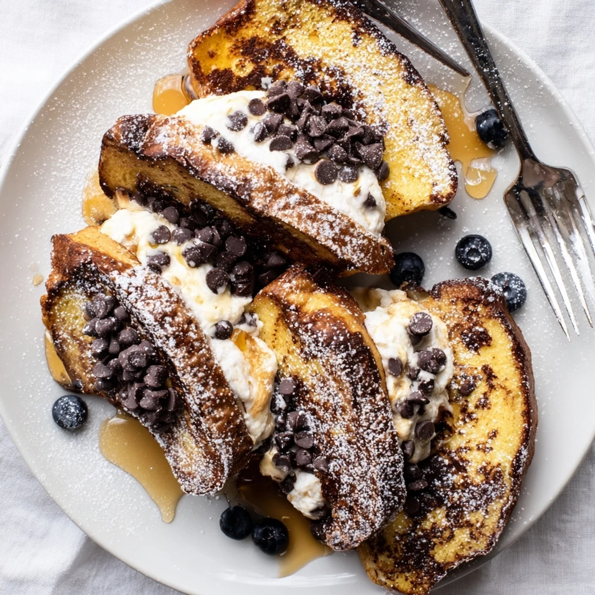 A slice of Decadent Cannoli Stuffed French toast is garnished with chocolate chips, perfect for a brunch spread.