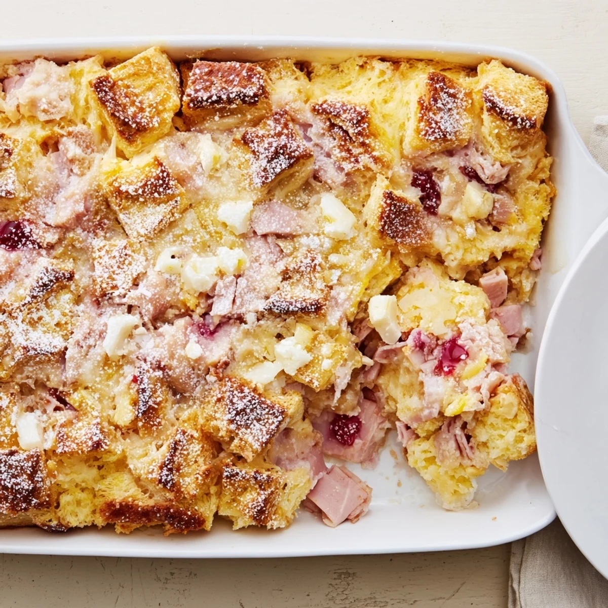 Freshly baked Monte Cristo Breakfast Casserole emerges golden-brown with a delicate powdered sugar dusting.