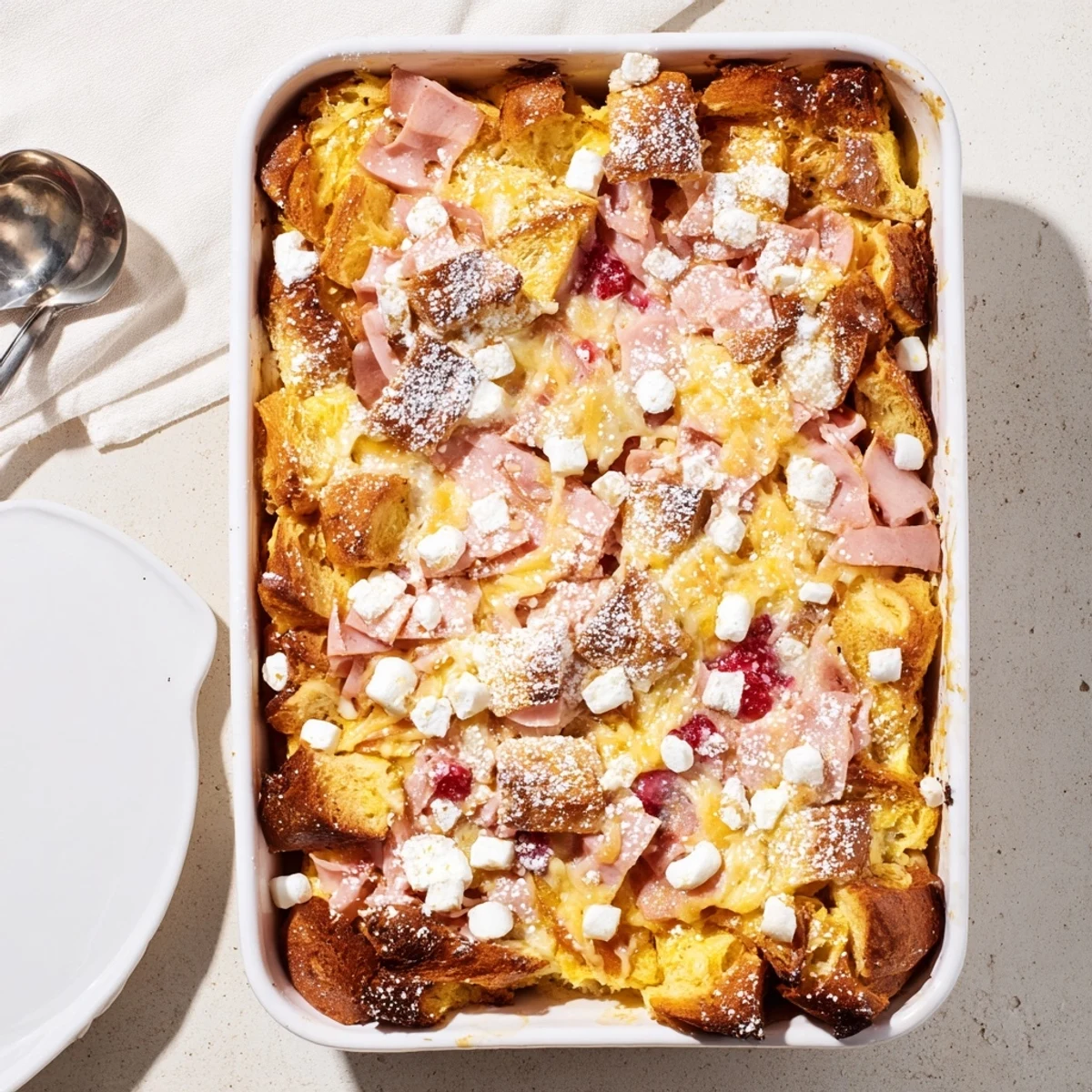 Slices of the savory-sweet casserole are plated with raspberry preserves for a classic brunch pairing.