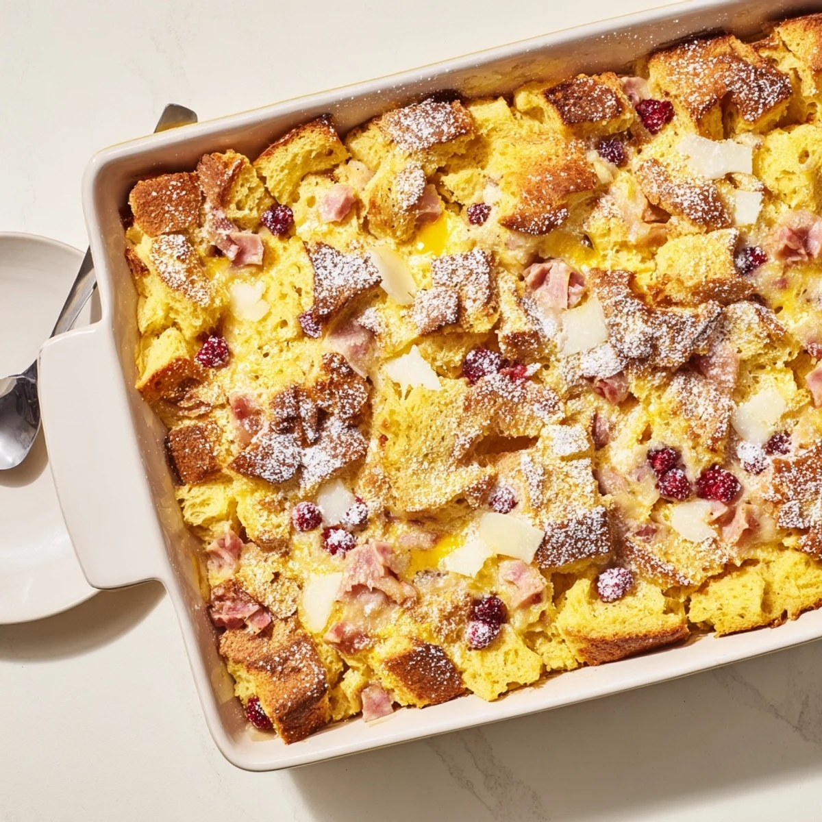 Cubed brioche, savory ham, and turkey are layered in a 9x13-inch baking dish.