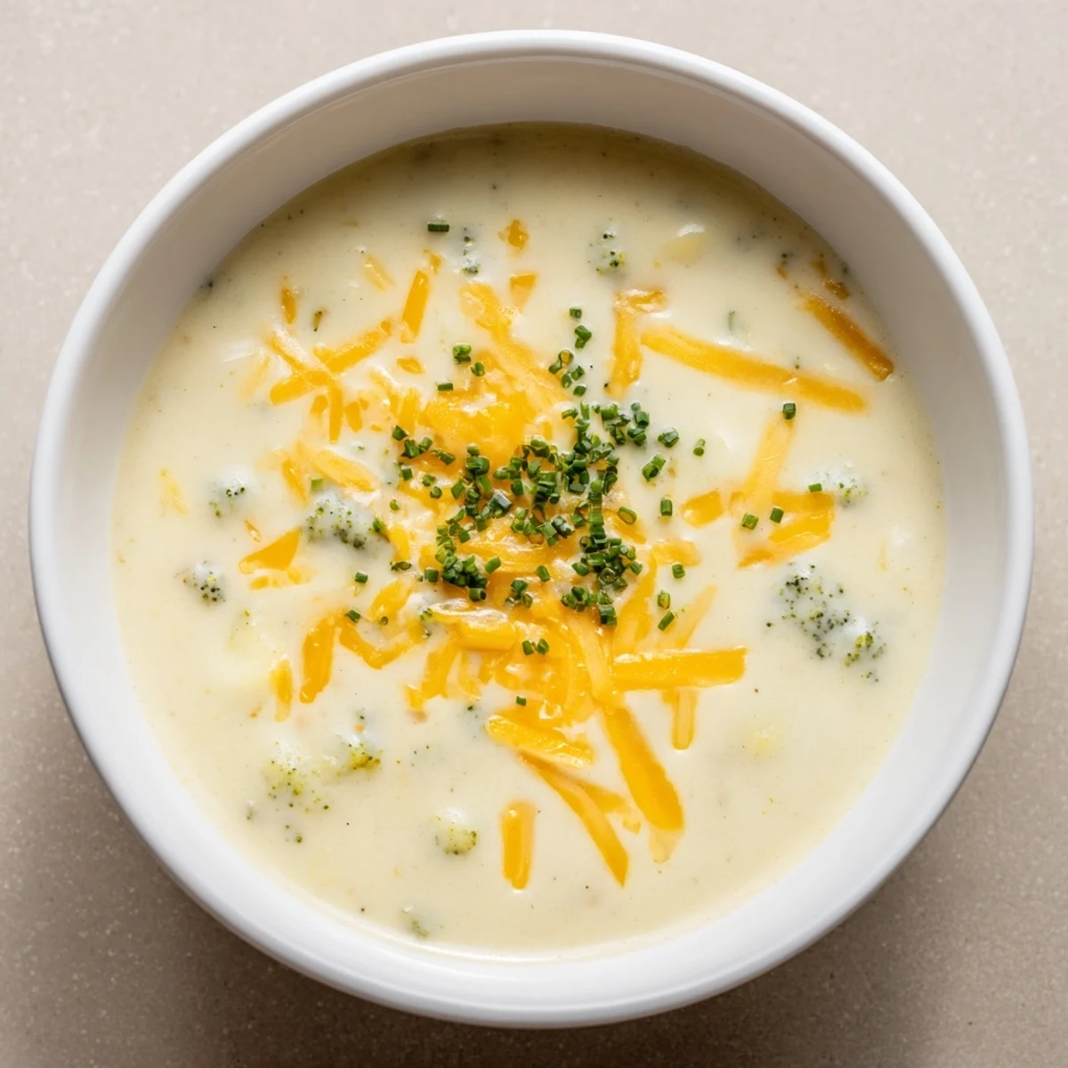 Creamy Cheesy Broccoli Potato Soup served warm in a rustic bowl with melted cheddar on top and chopped chives garnish.