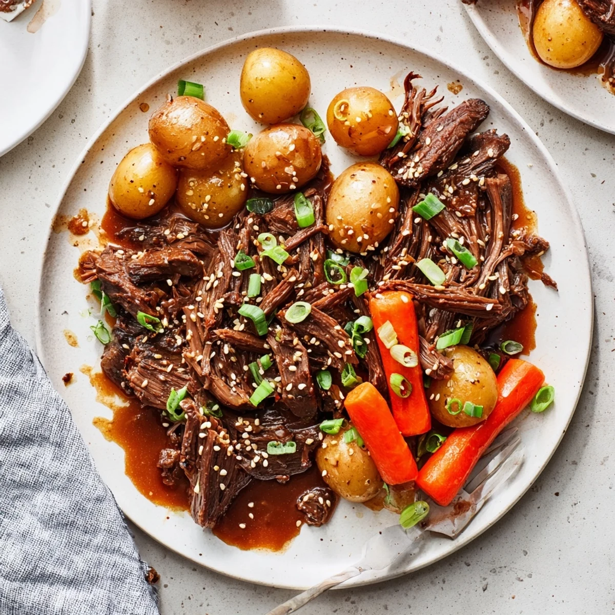 Tender Slow Cooker Korean Beef Pot Roast with carrots and potatoes in rich soy garlic gravy.