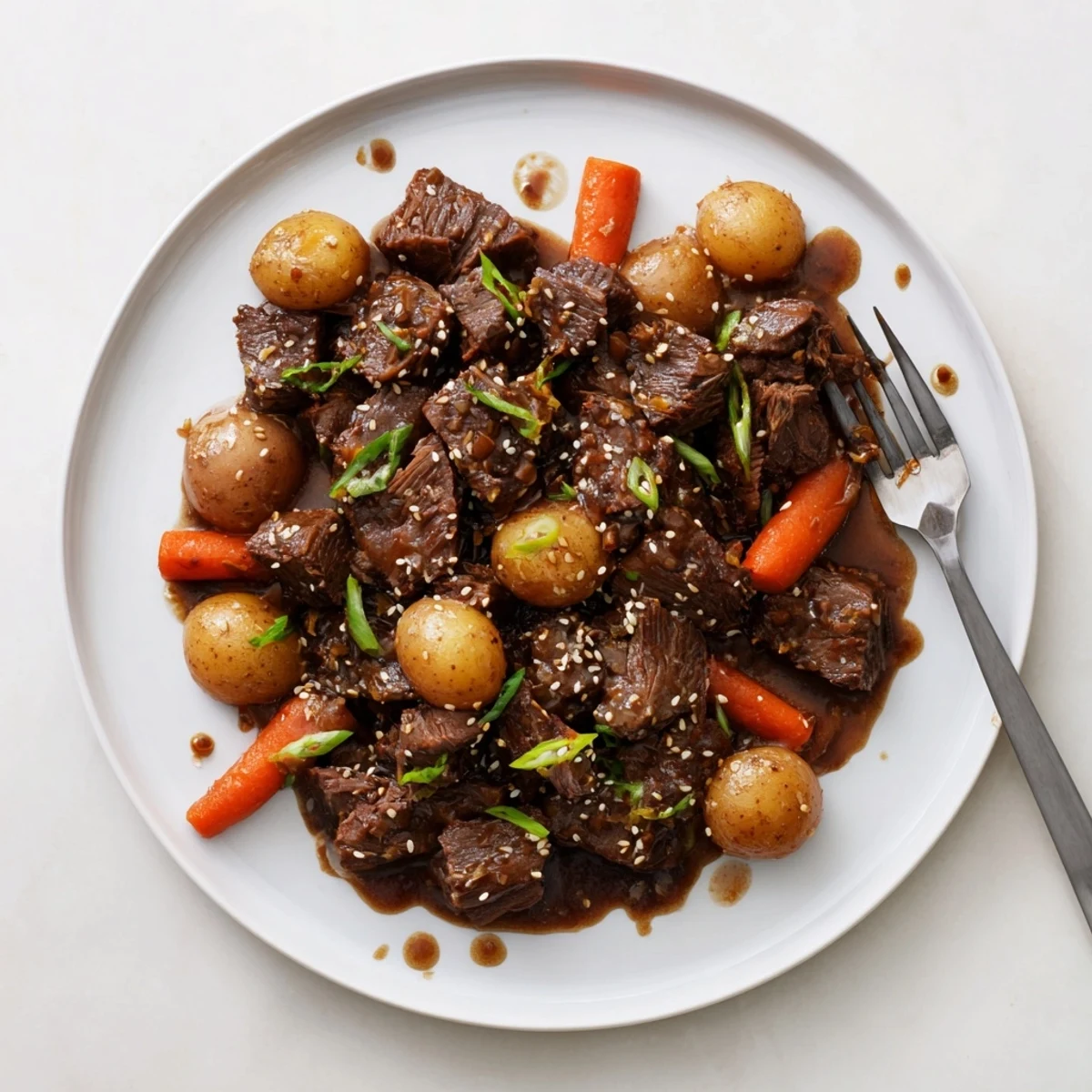 Savory Slow Cooker Korean Beef Pot Roast served with onions, carrots, and sesame garnish on a platter.
