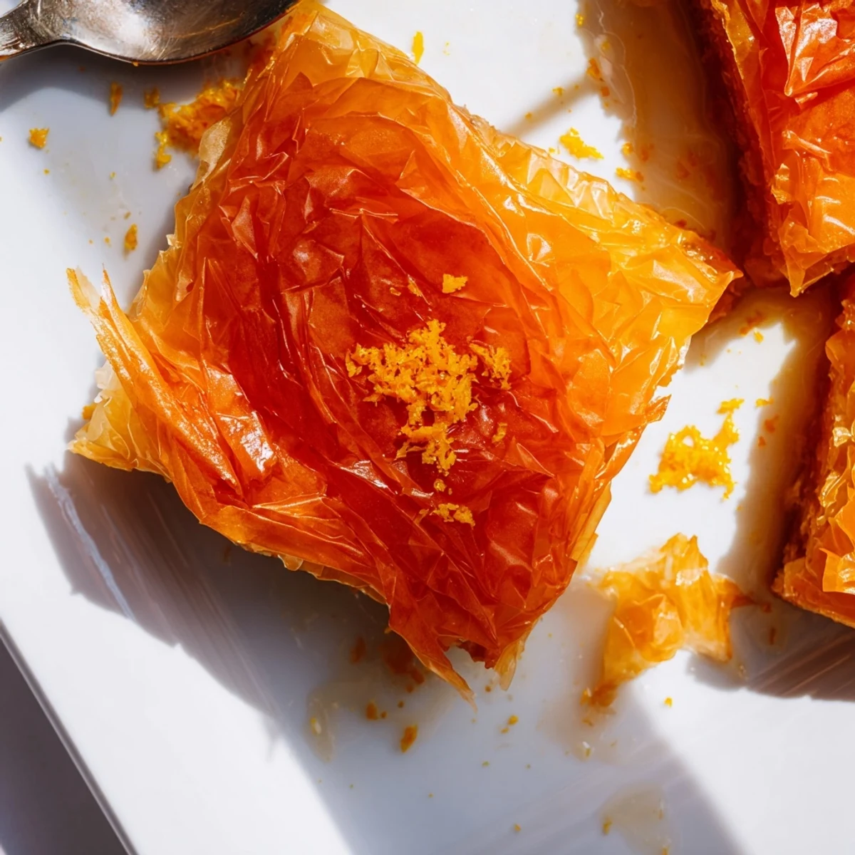 Portokalopita is served chilled with creamy vanilla ice cream for a sweet, refreshing finish.