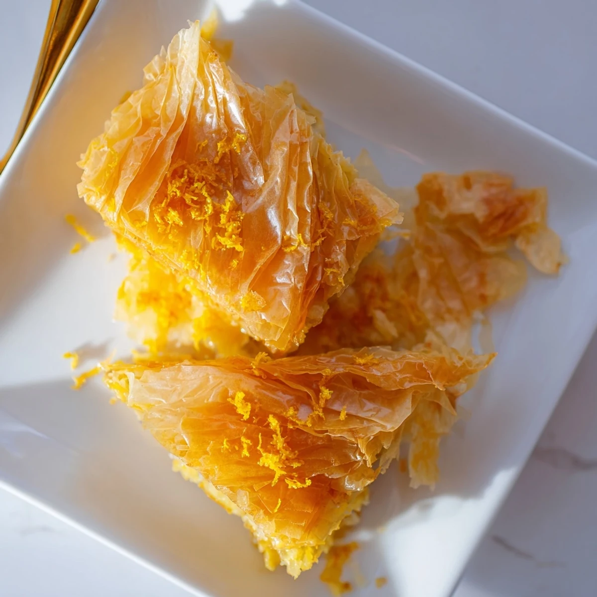 Close-up of Portokalopita highlights zesty orange aroma and syrup-drenched, crispy phyllo texture.
