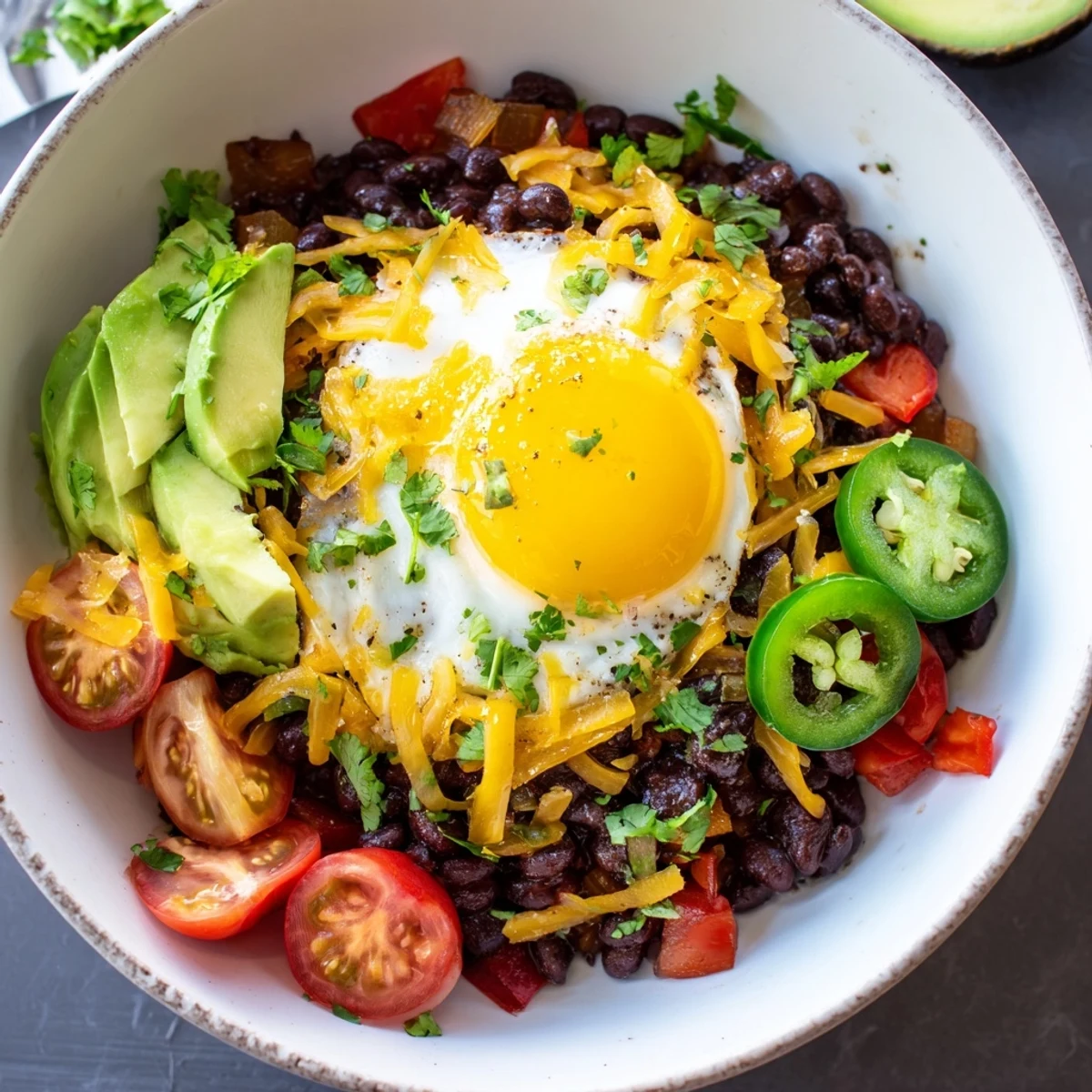 A colorful bowl of Tex Mex Inspired Breakfast Bowls with fluffy rice, black beans, and sunny eggs.