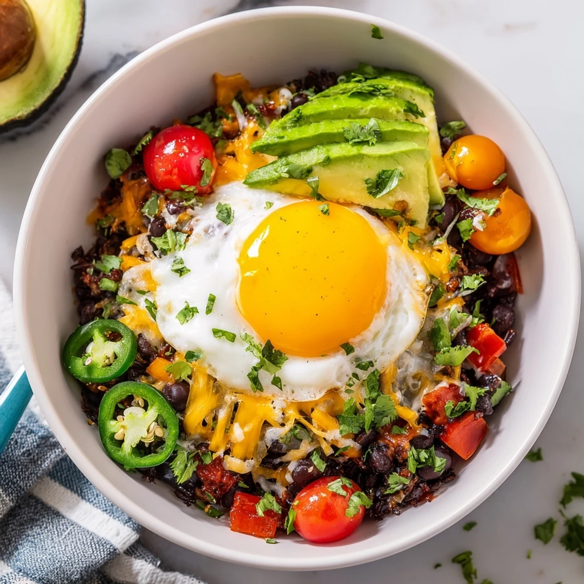 Serve the Tex Mex Inspired Breakfast Bowls topped with melty cheddar and jalapeños for a spicy kick.