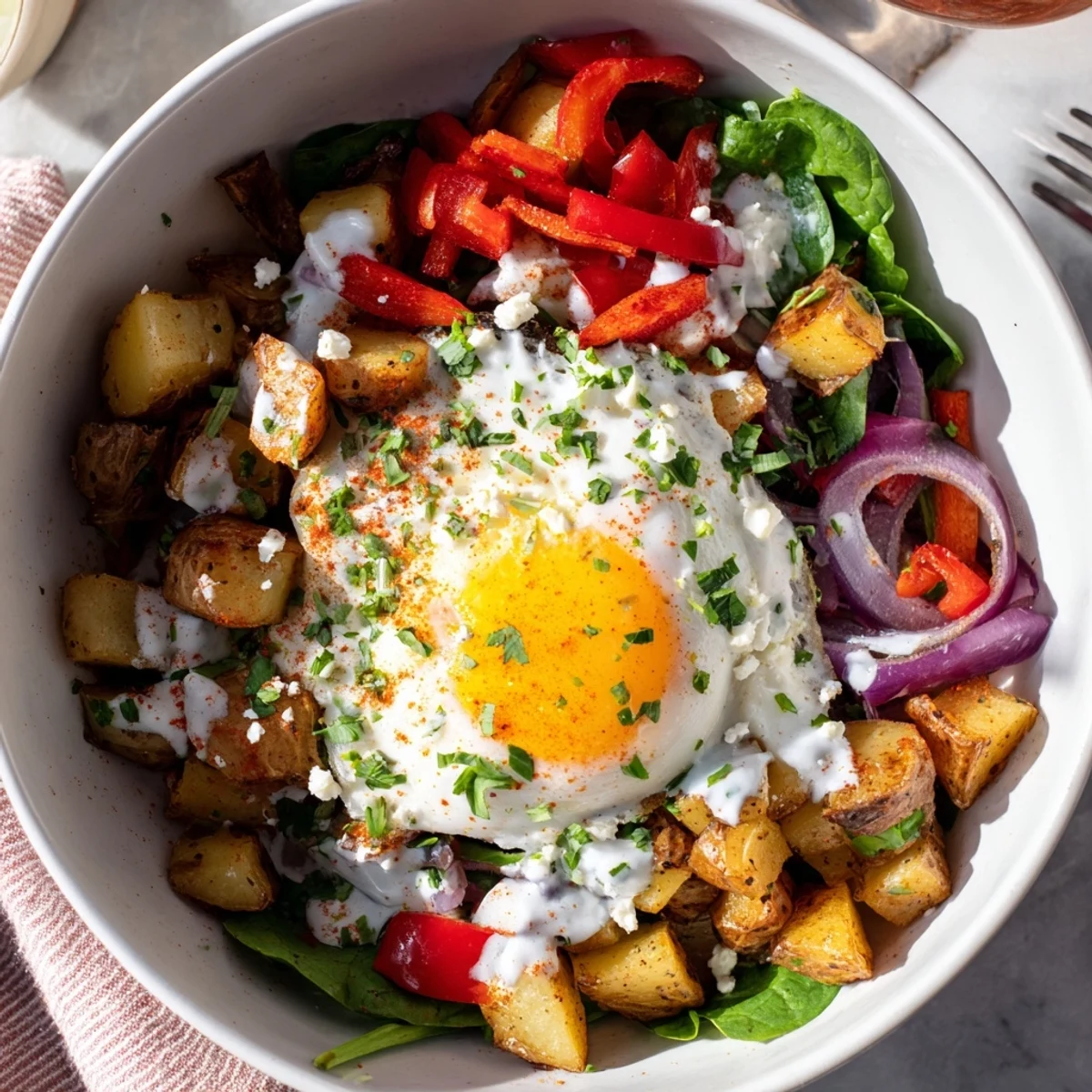 Golden crispy potatoes and sautéed vegetables in a savory breakfast bowl topped with a runny yolk egg and yogurt sauce.
