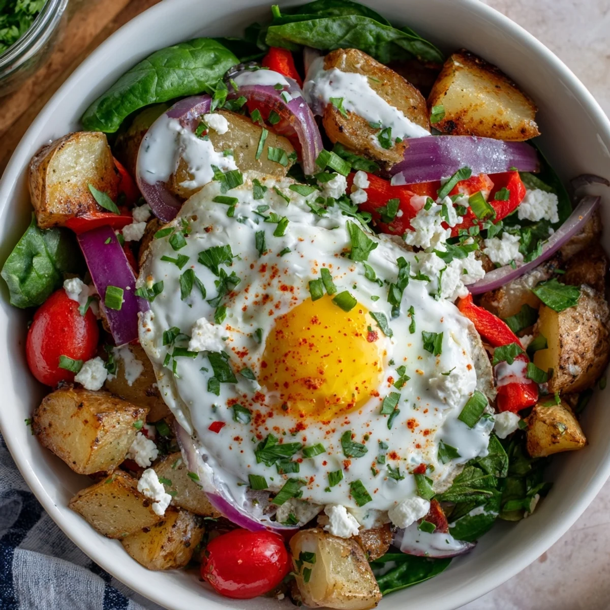 Hearty vegetarian savory breakfast bowl with fluffy eggs and crispy potatoes, perfect for a nourishing American style morning meal.