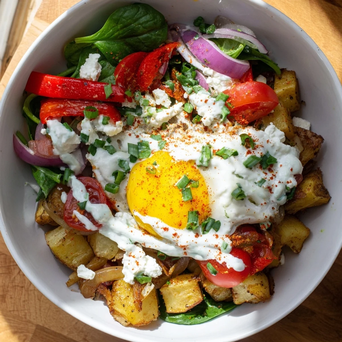 A close-up of a savory breakfast bowl featuring vibrant cherry tomatoes, wilted spinach, and a creamy zesty yogurt drizzle.