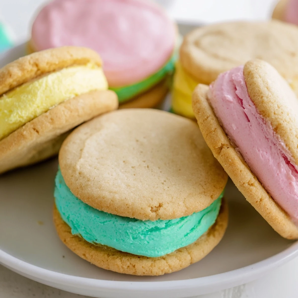 A close-up of two Pastel Sugar Cookie Sandwiches, showing soft, pastel blue buttercream between delicate, lightly golden sugar cookies.