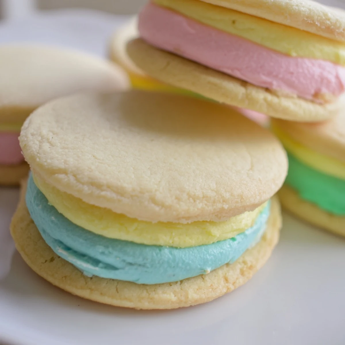 Pastel Sugar Cookie Sandwiches stacked on a white plate, ideal for spring parties, with pastel pink and yellow cookies peeking out.