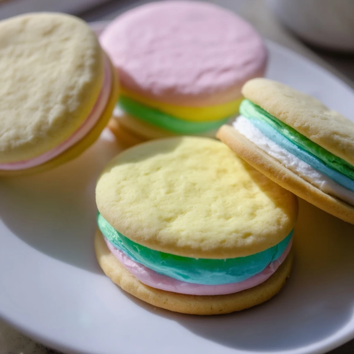 A freshly assembled Pastel Sugar Cookie Sandwich on a marble surface, featuring soft, creamy pastel green buttercream and a tender cookie edge.