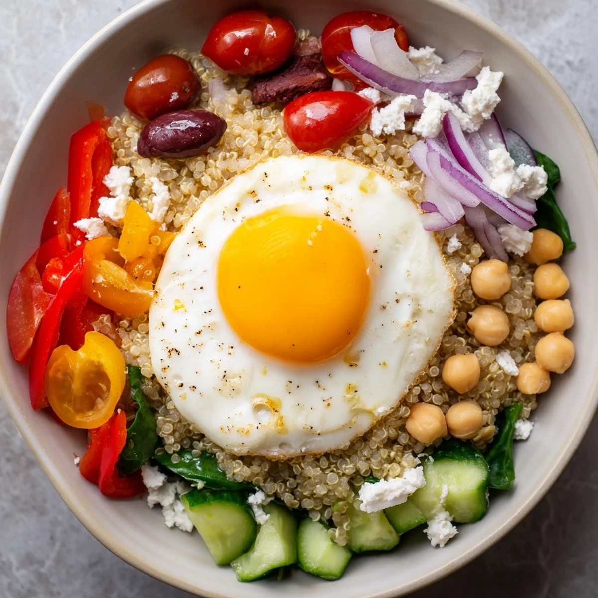Vibrant Mediterranean Breakfast Bowls with fluffy quinoa, creamy feta, and a perfectly cooked sunny-side-up egg.