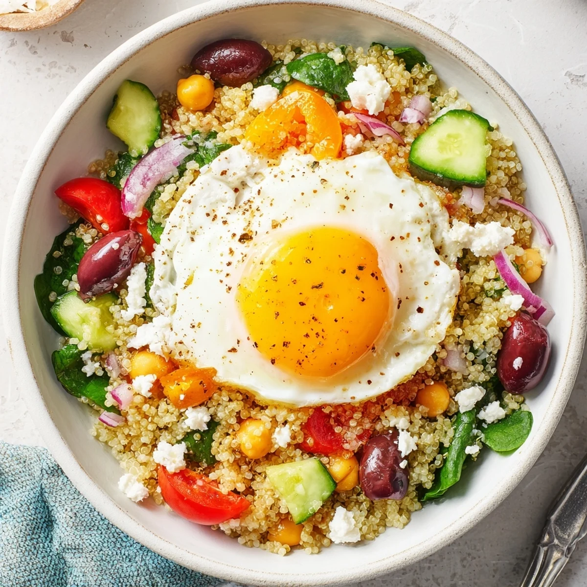 Hearty Mediterranean Breakfast Bowls topped with chickpeas, Kalamata olives, and fresh veggies for a savory morning.