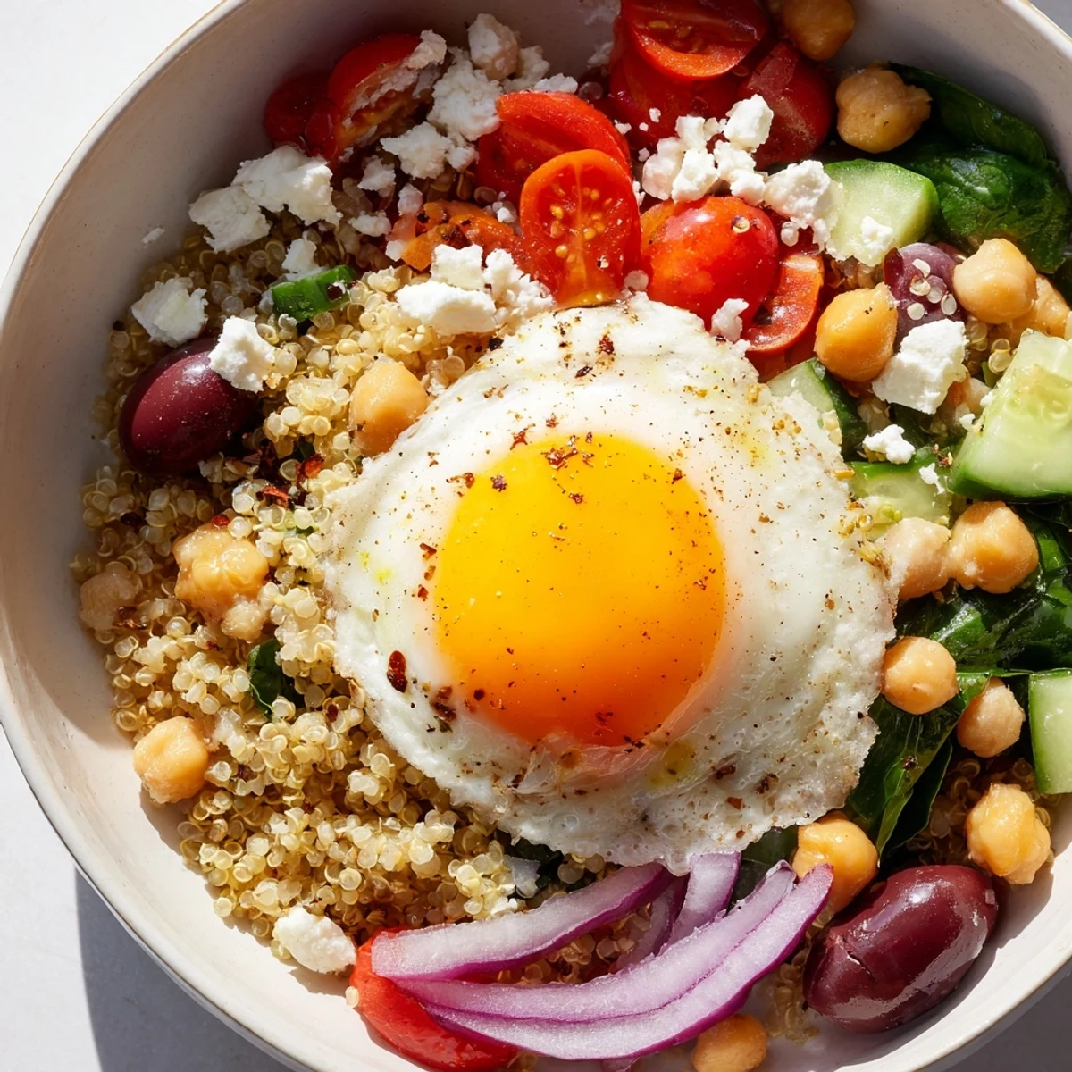 Colorful Mediterranean Breakfast Bowls arranged on a white plate with a zesty lemon-herb dressing drizzle.