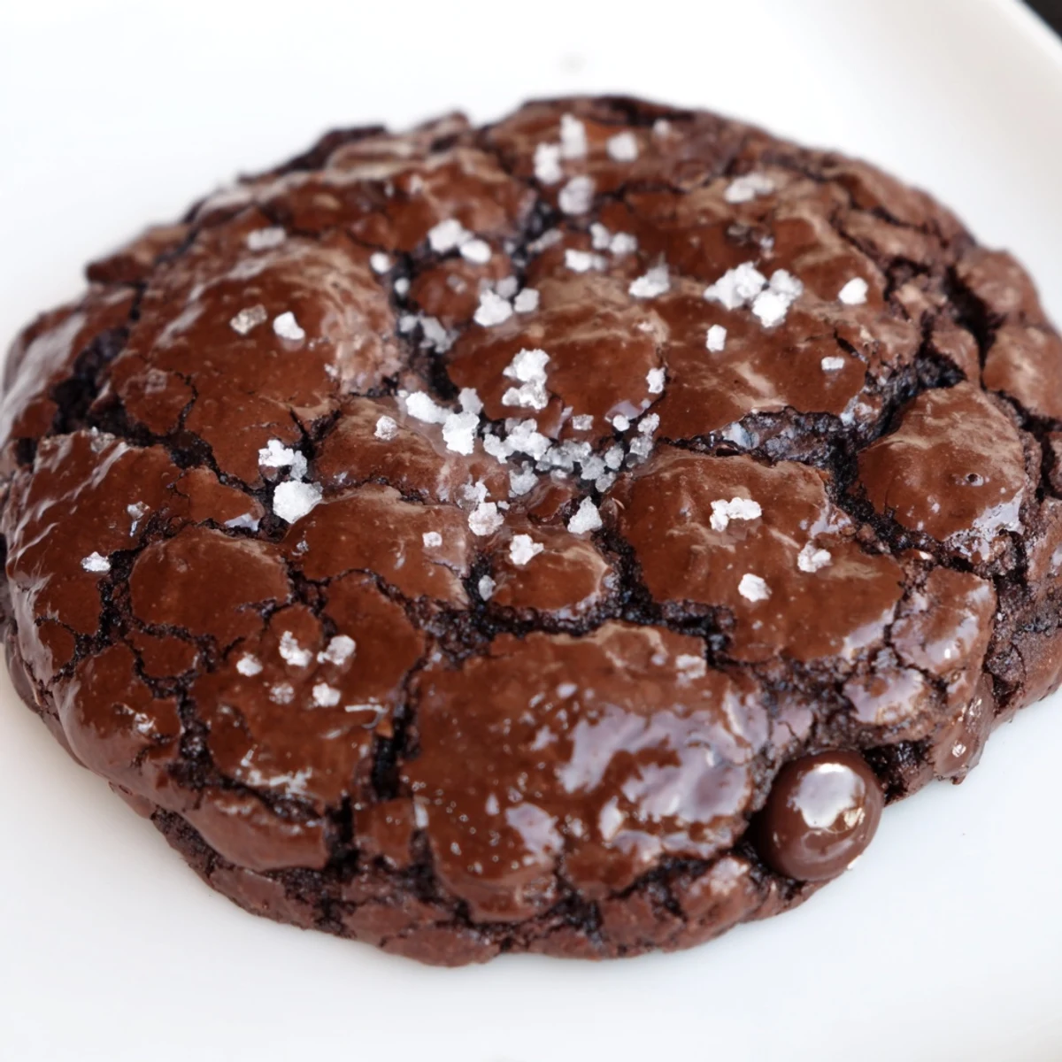 Warm Gourmet Brownie Cookies sit on a baking sheet with melted chocolate chips, ready to be enjoyed with a cold glass of milk.