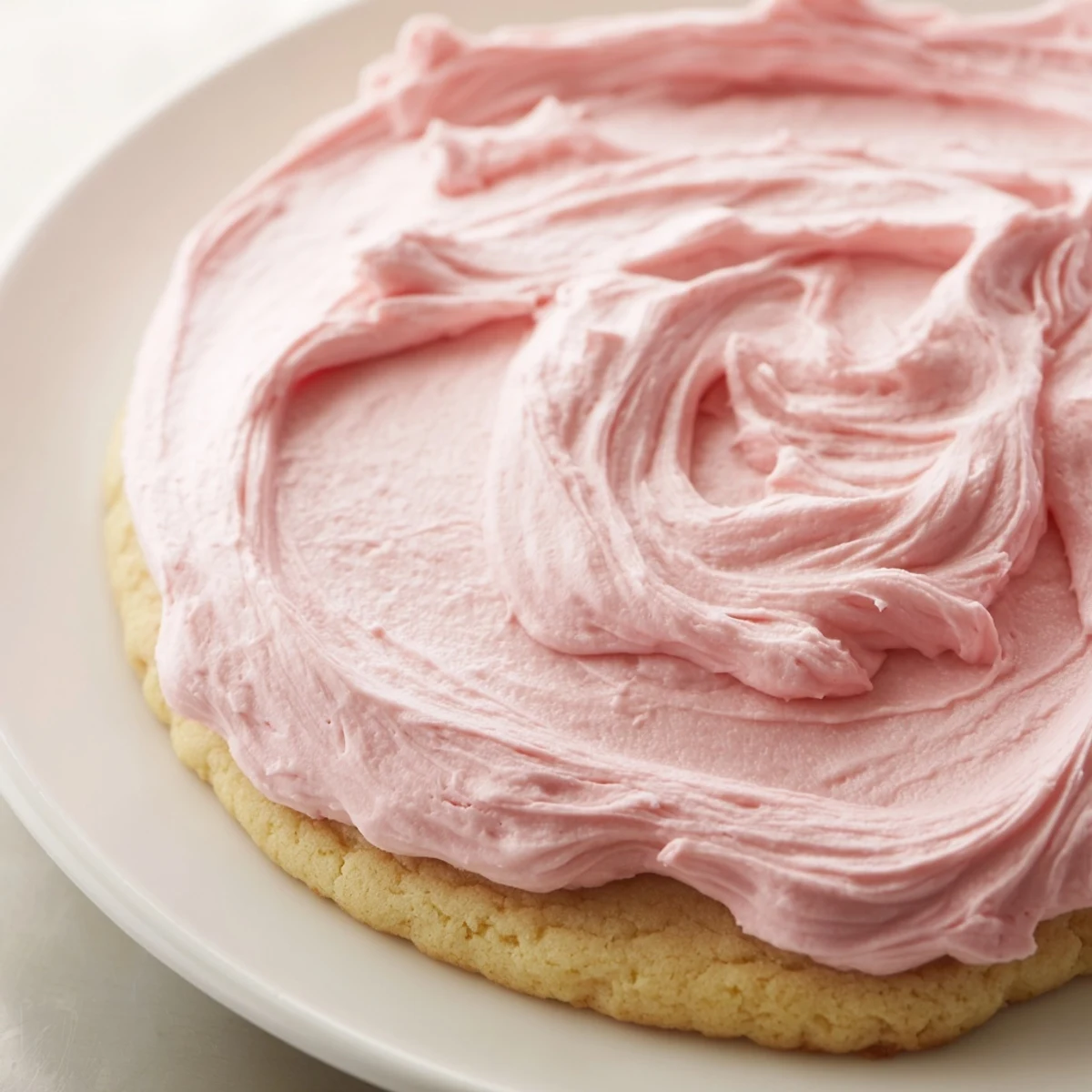 Eight giant chilled sugar cookies on a white plate with pink vanilla frosting swirls.