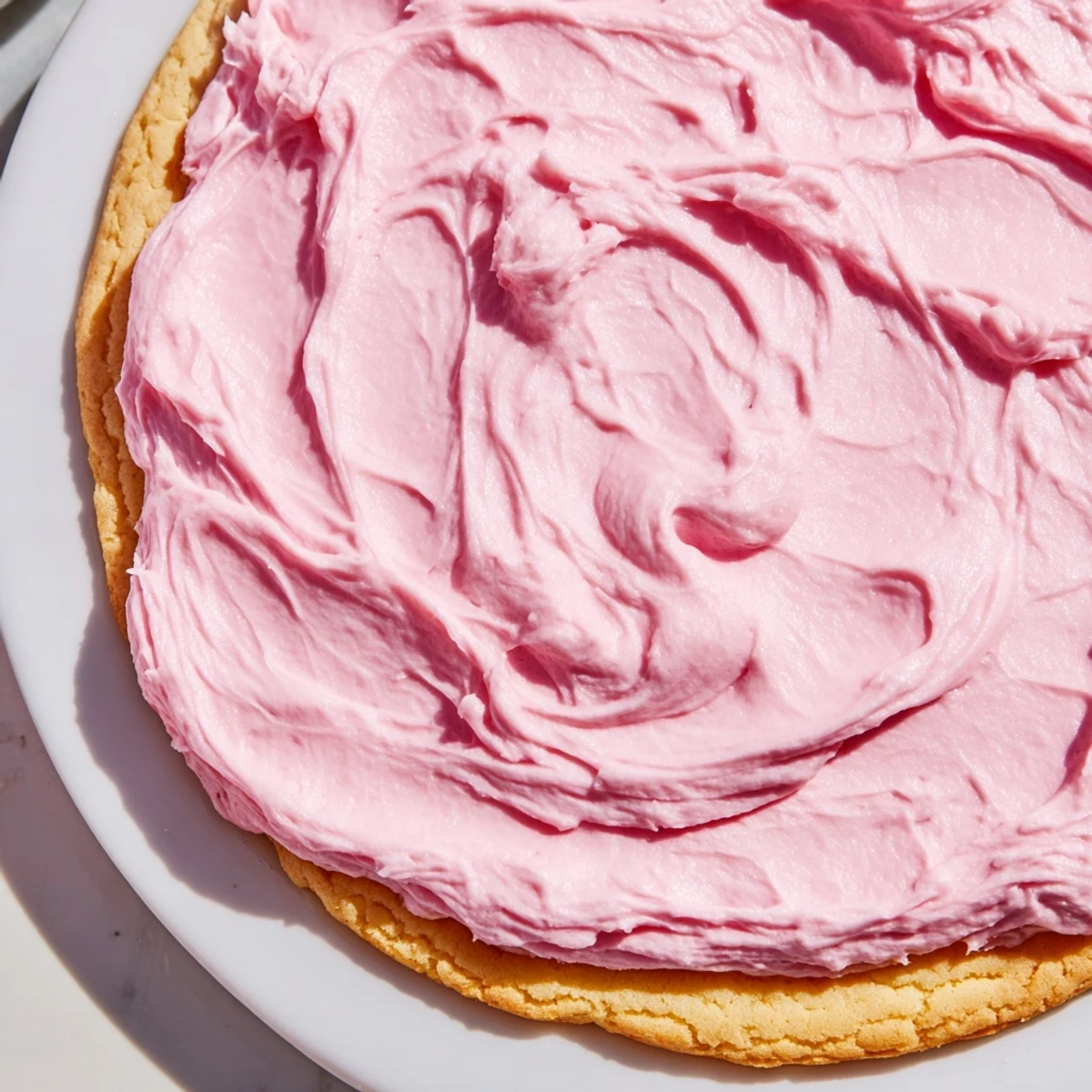 A close-up of a Giant Chilled Crumbl Sugar Cookie showing soft edges and creamy pink topping.