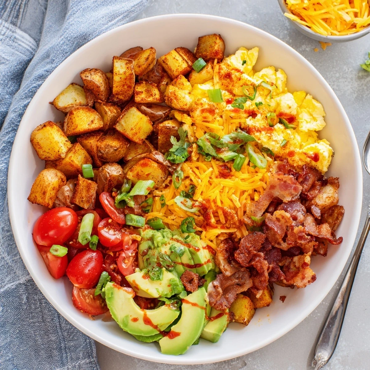 Hearty loaded breakfast bowl featuring creamy avocado, juicy cherry tomatoes, and fresh green onions on a savory base.