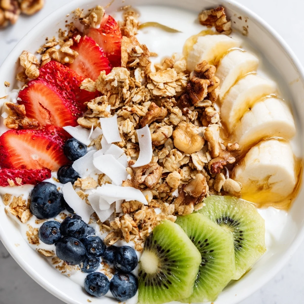 A wholesome healthy breakfast bowl features layered yogurt, fresh fruit, honey drizzle, and granola for a perfect start to your day.